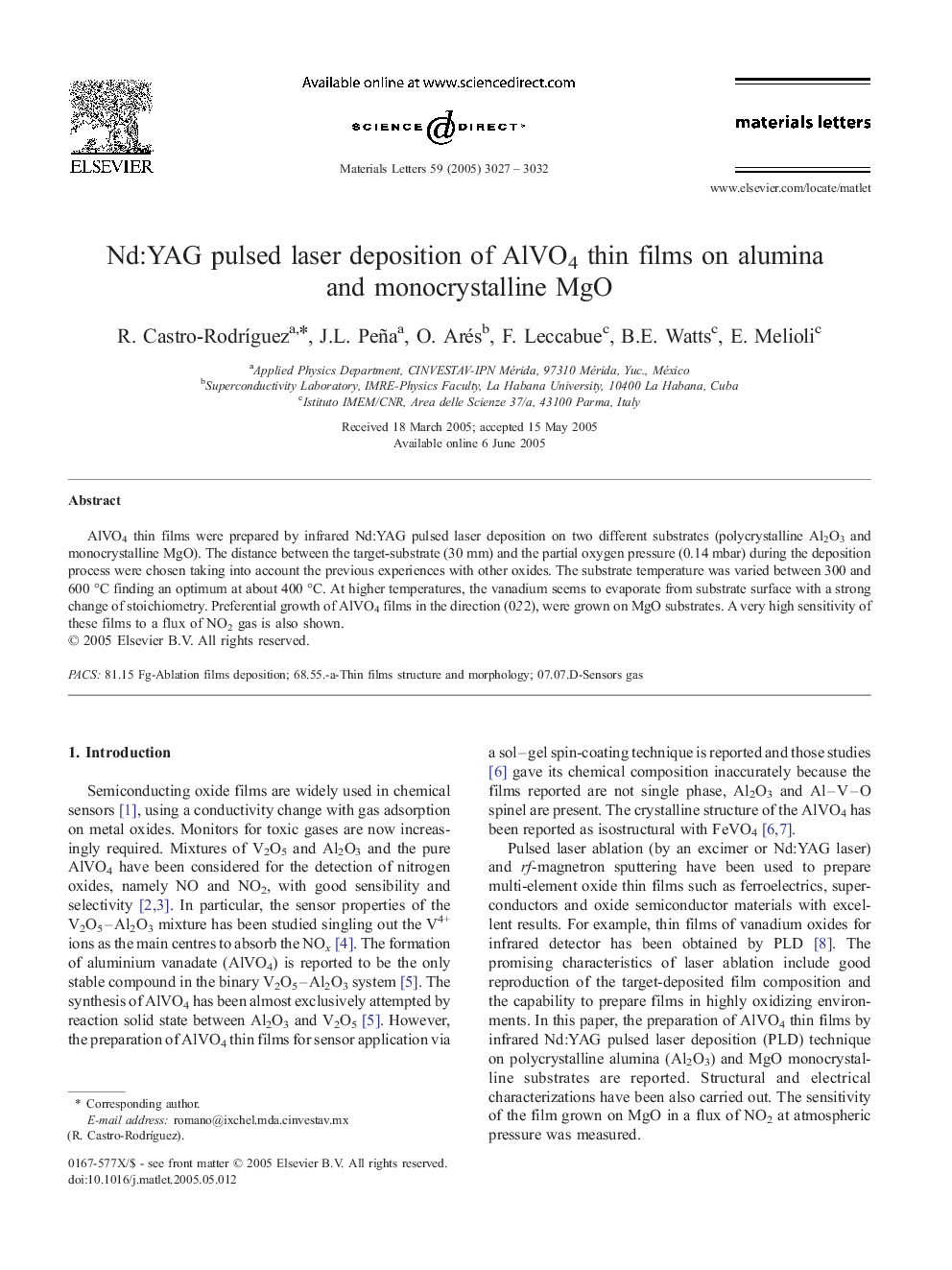 Nd:YAG pulsed laser deposition of AlVO4 thin films on alumina and monocrystalline MgO