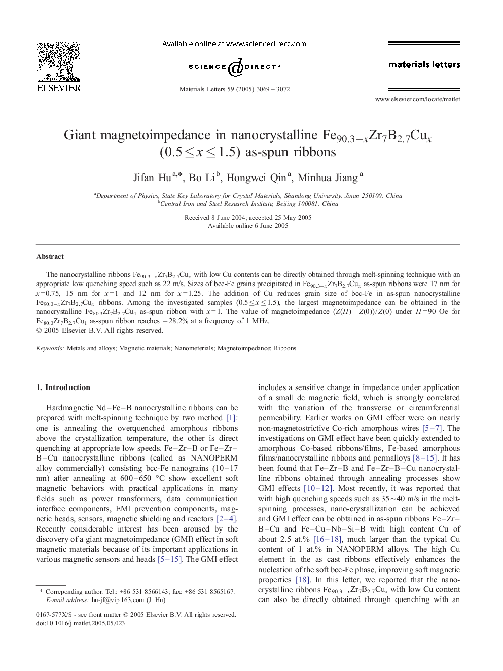 Giant magnetoimpedance in nanocrystalline Fe90.3−xZr7B2.7Cux (0.5 ≤ x ≤ 1.5) as-spun ribbons