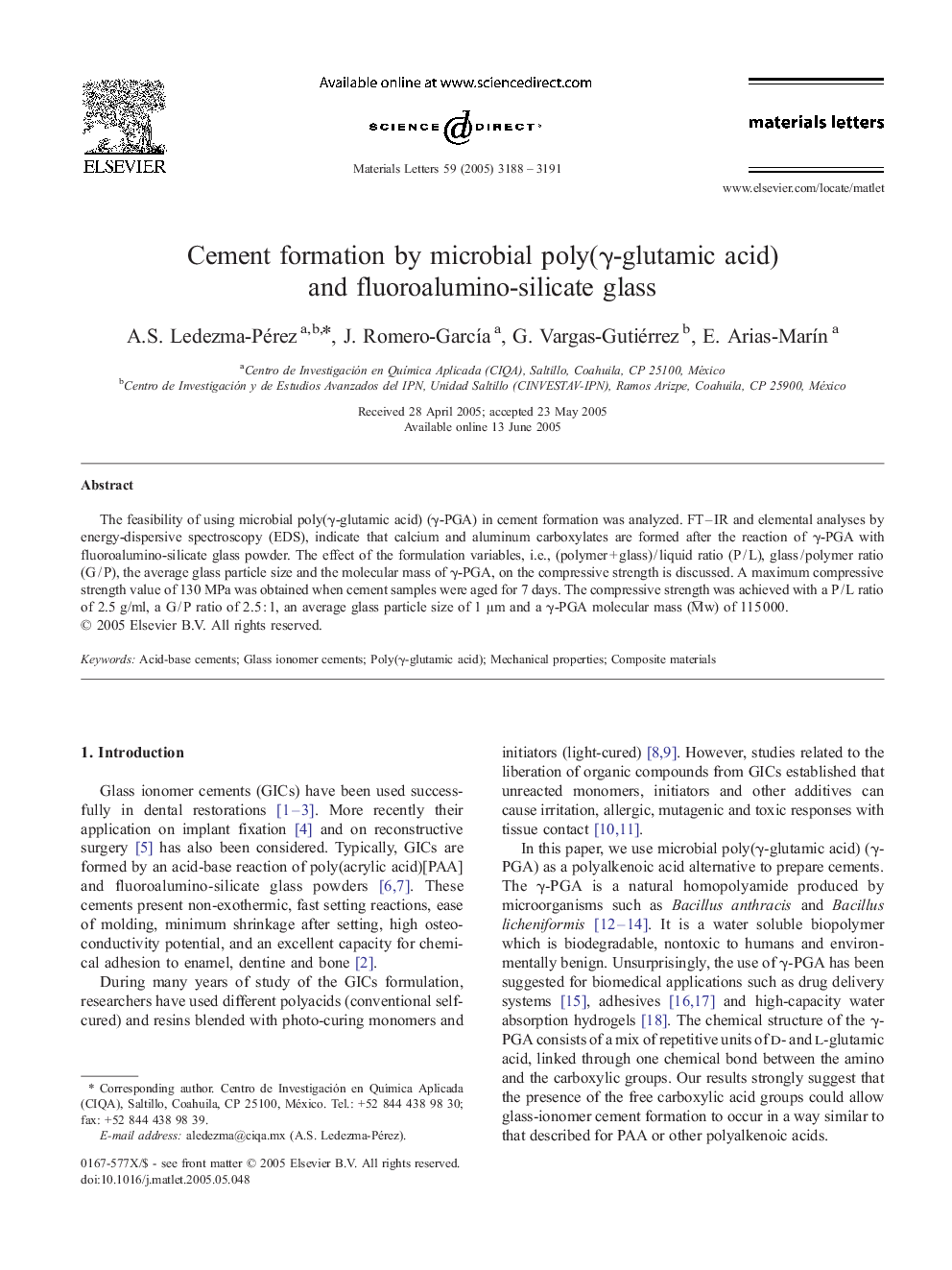 Cement formation by microbial poly(γ-glutamic acid) and fluoroalumino-silicate glass