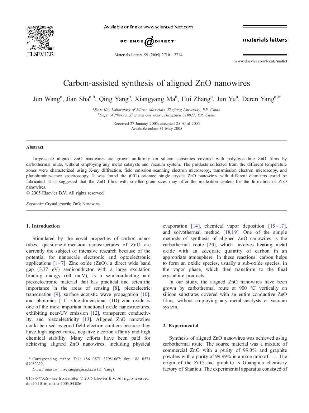 Carbon-assisted synthesis of aligned ZnO nanowires