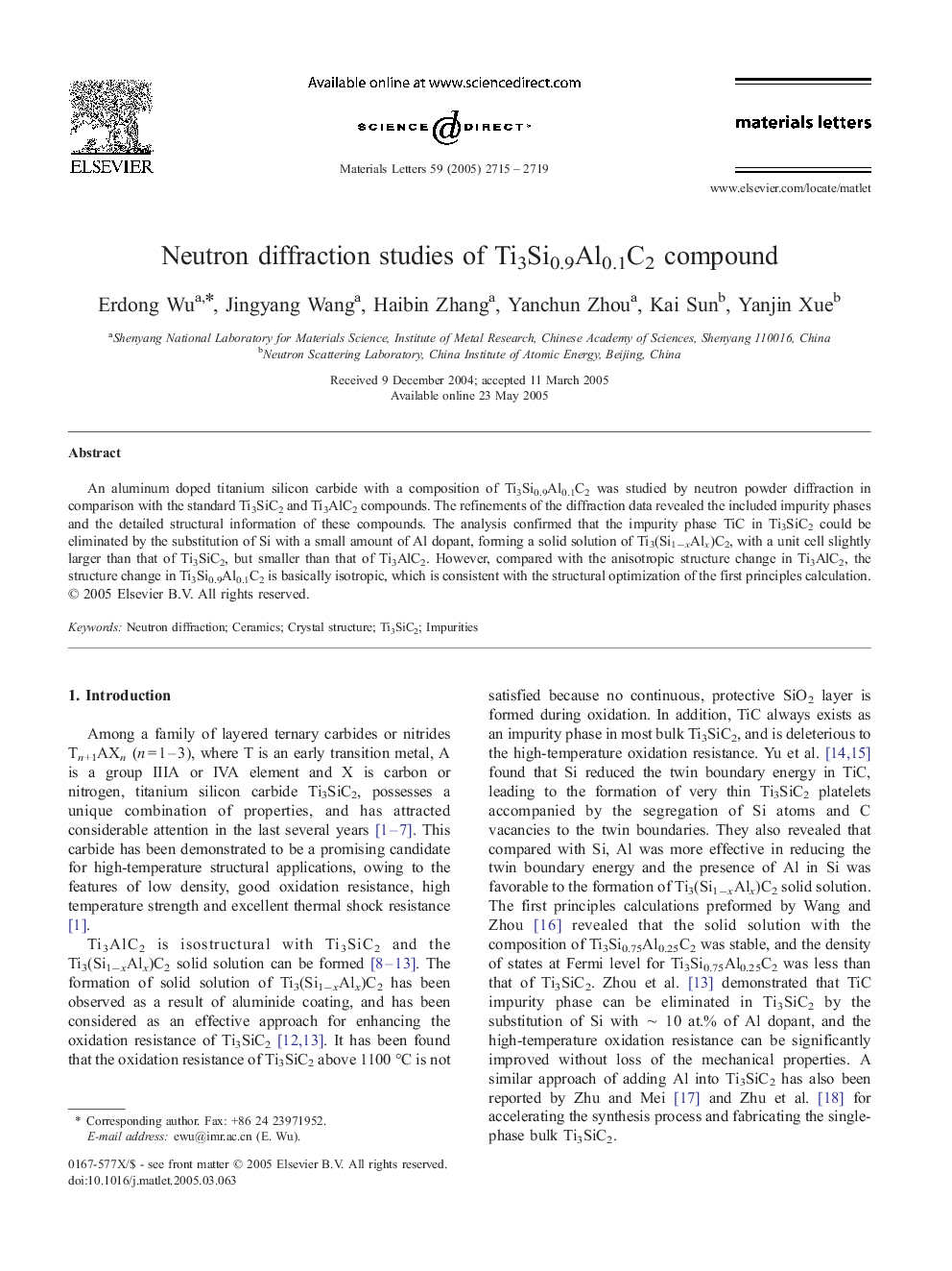 Neutron diffraction studies of Ti3Si0.9Al0.1C2 compound