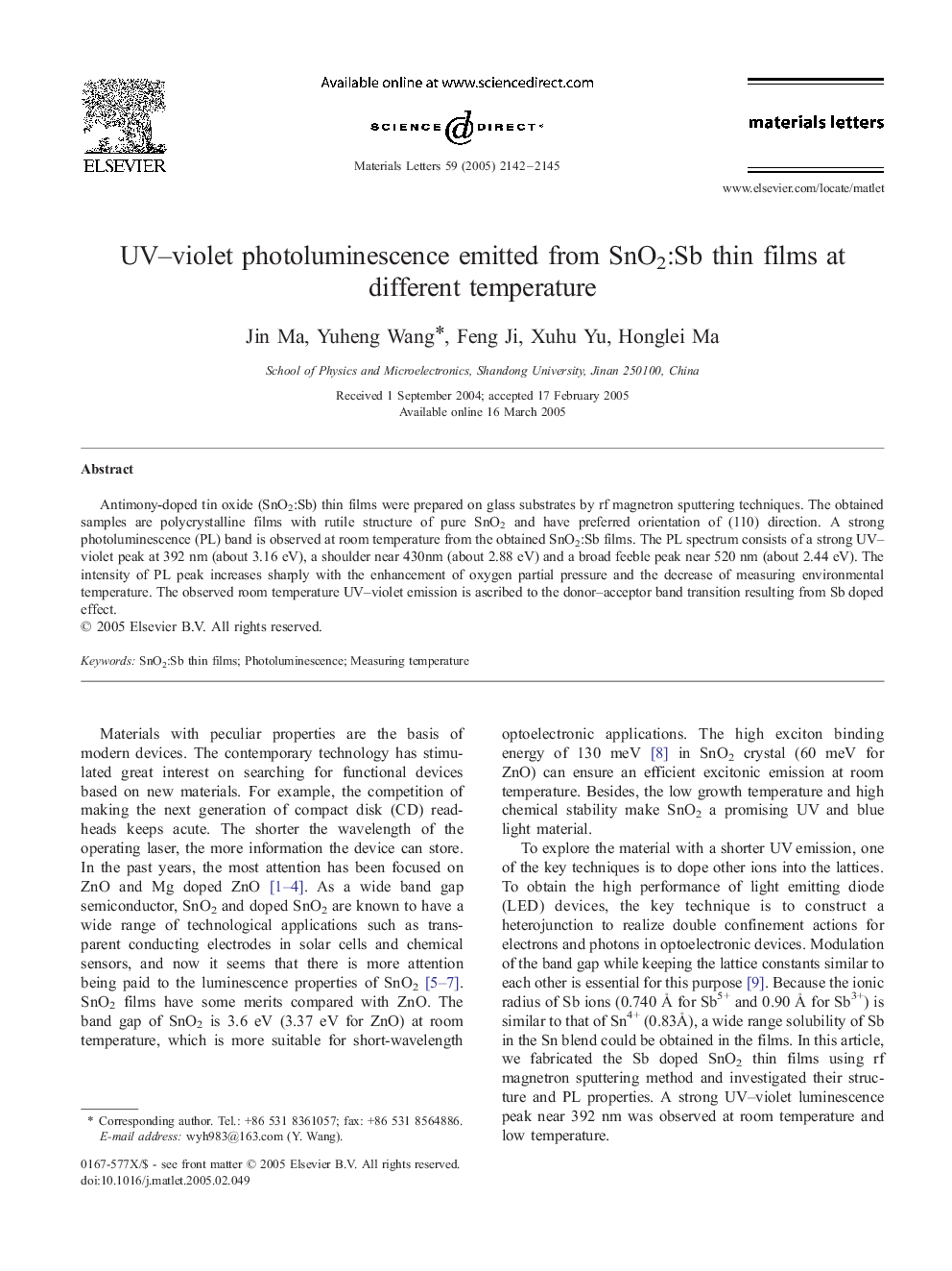 UV–violet photoluminescence emitted from SnO2:Sb thin films at different temperature