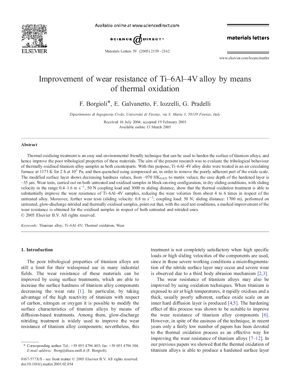 Improvement of wear resistance of Ti–6Al–4V alloy by means of thermal oxidation