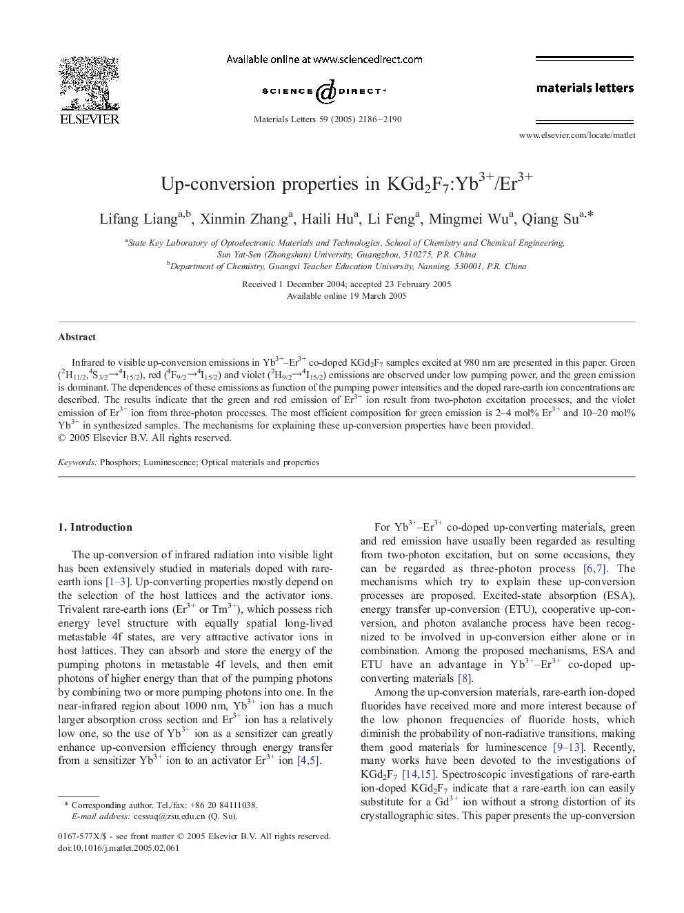 Up-conversion properties in KGd2F7:Yb3+/Er3+