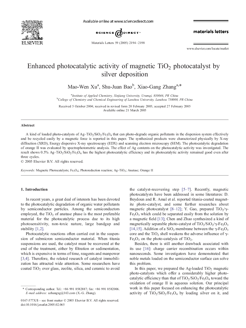 Enhanced photocatalytic activity of magnetic TiO2 photocatalyst by silver deposition