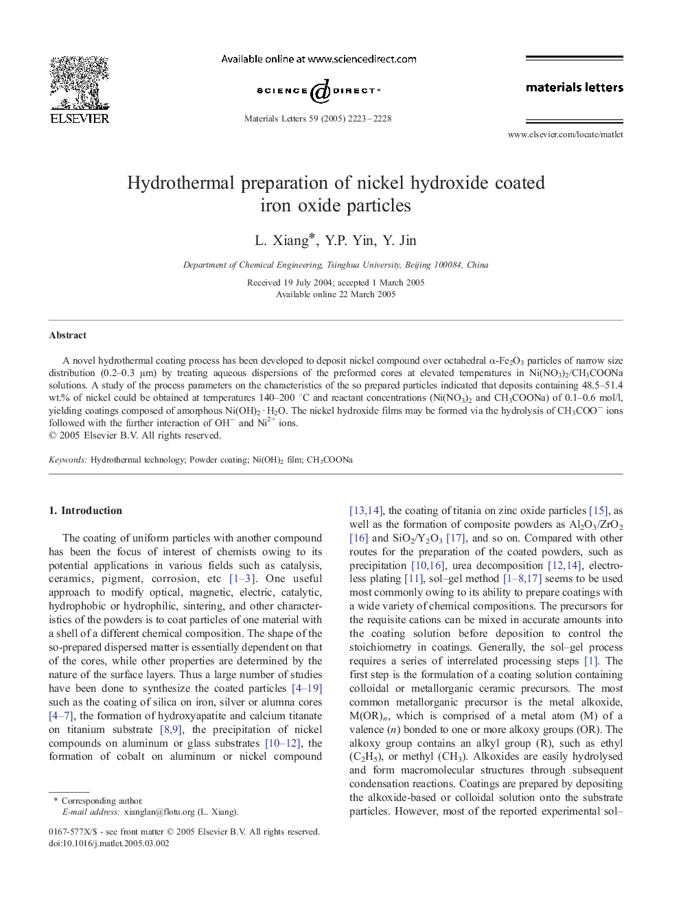 Hydrothermal preparation of nickel hydroxide coated iron oxide particles