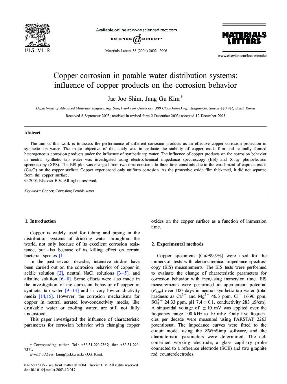 Copper corrosion in potable water distribution systems: influence of copper products on the corrosion behavior
