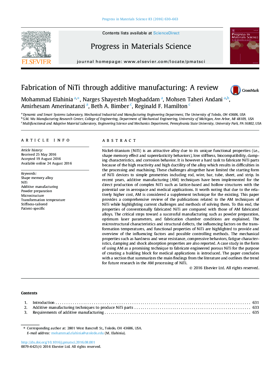 Fabrication of NiTi through additive manufacturing: A review