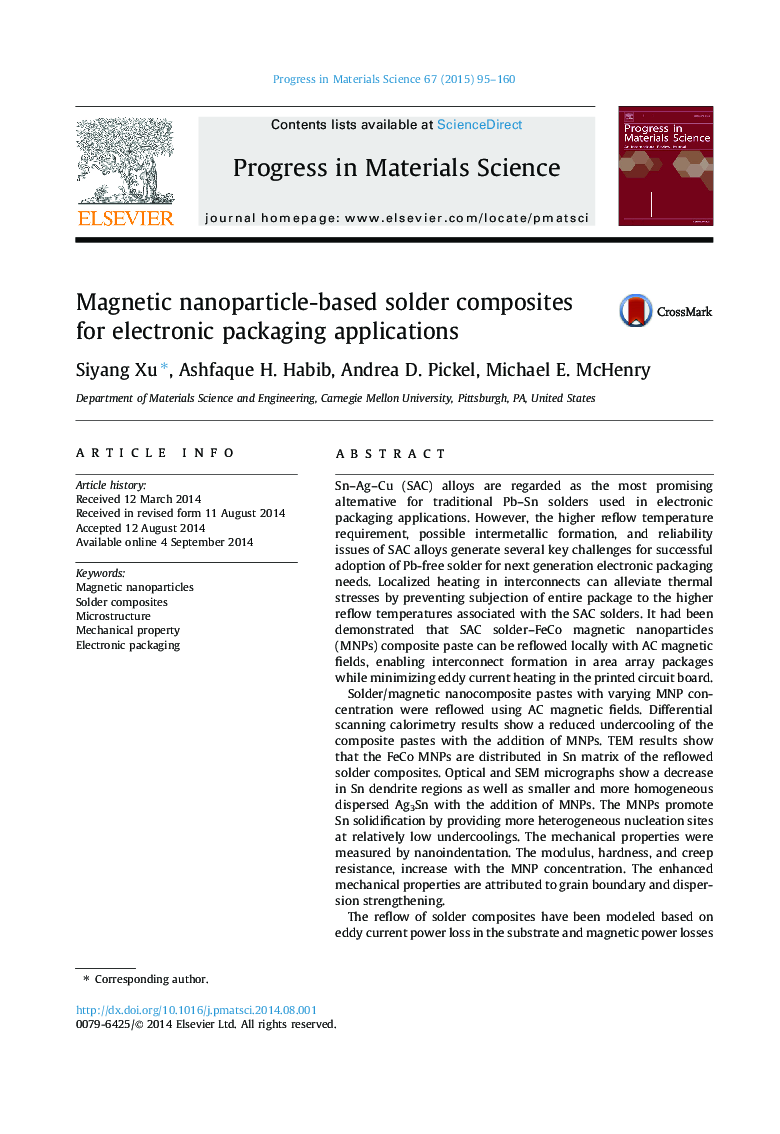 کامپوزیت های لحیم کاری مبتنی بر نانوذرات مغناطیسی برای کاربردهای بسته بندی الکترونیکی 