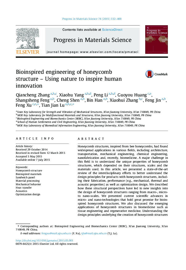 Bioinspired engineering of honeycomb structure – Using nature to inspire human innovation