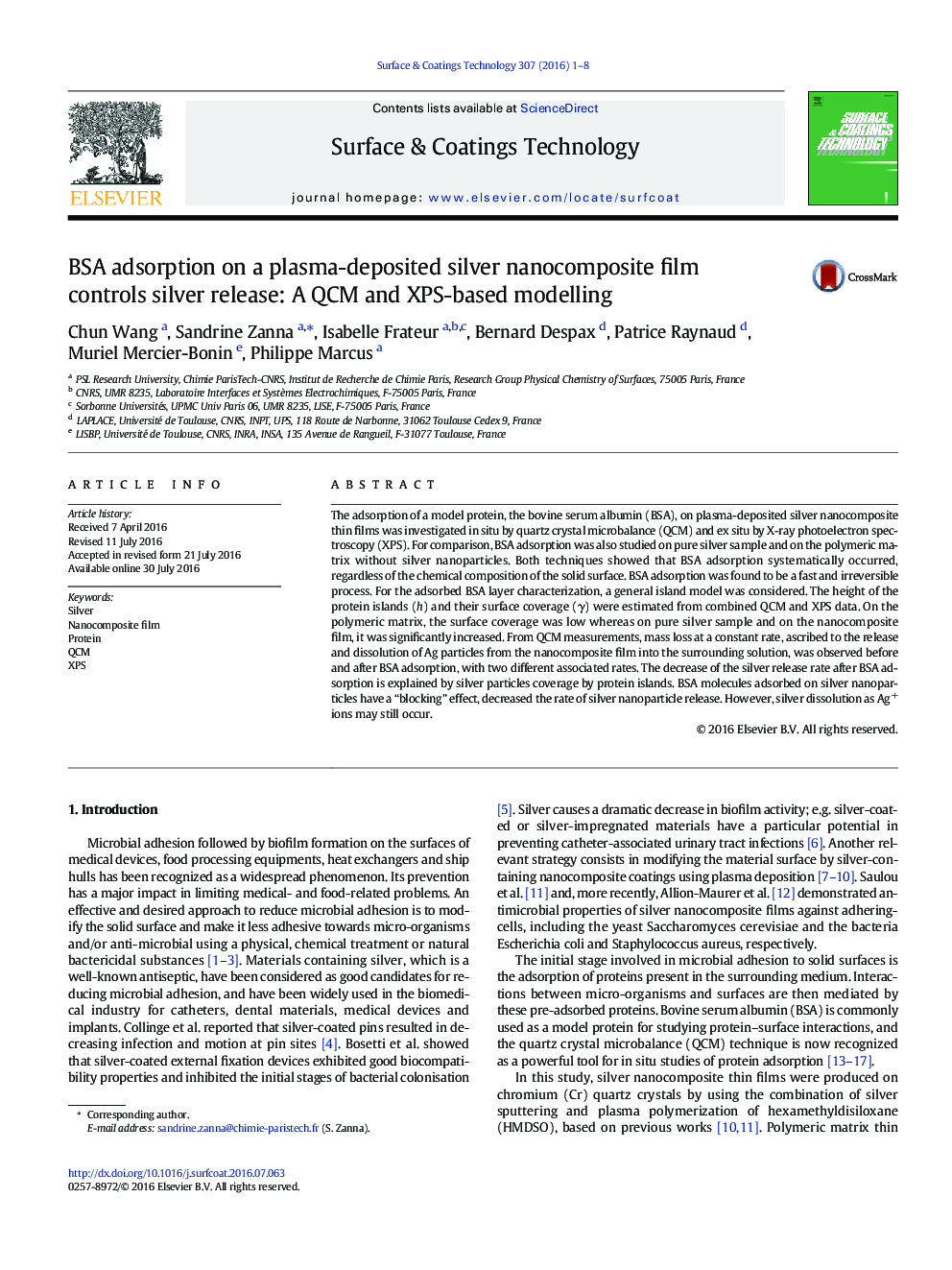 BSA adsorption on a plasma-deposited silver nanocomposite film controls silver release: A QCM and XPS-based modelling