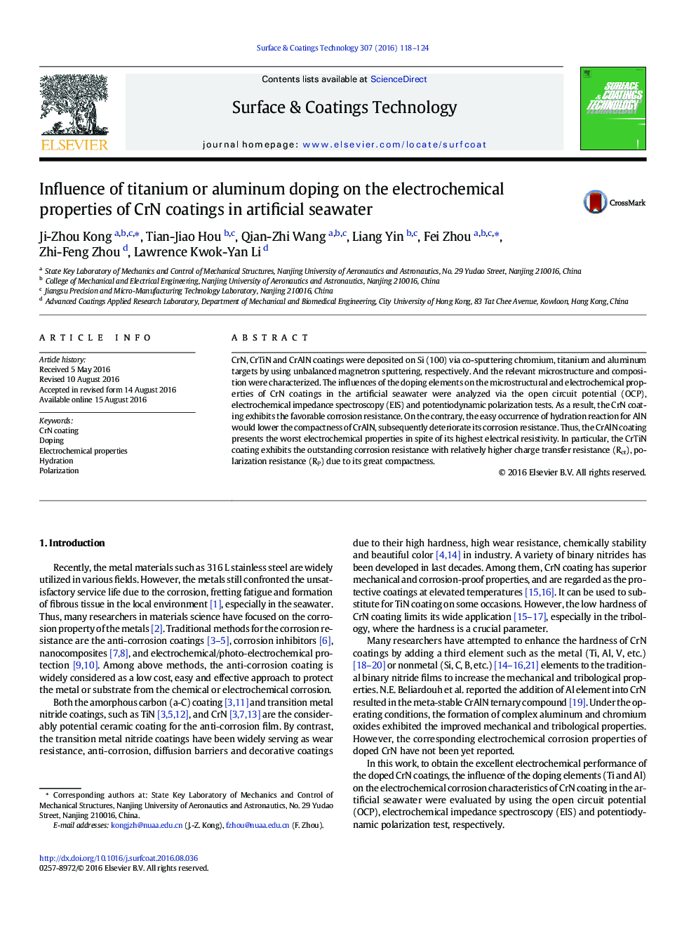 Influence of titanium or aluminum doping on the electrochemical properties of CrN coatings in artificial seawater