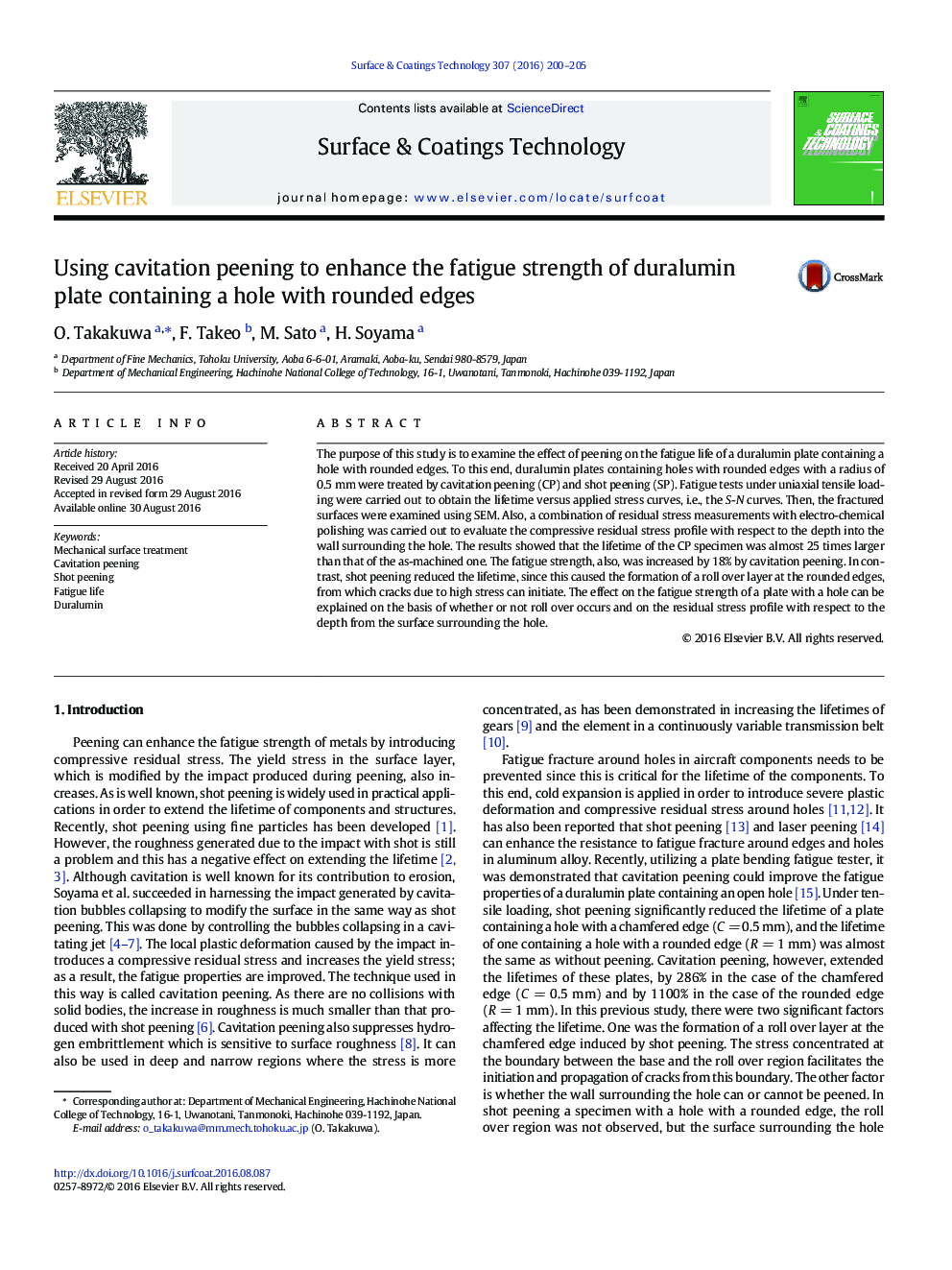 Using cavitation peening to enhance the fatigue strength of duralumin plate containing a hole with rounded edges