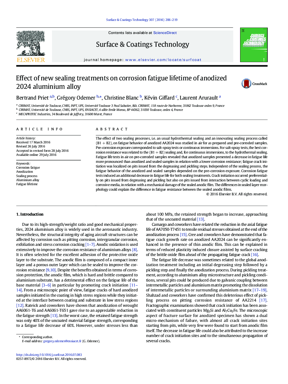 Effect of new sealing treatments on corrosion fatigue lifetime of anodized 2024 aluminium alloy