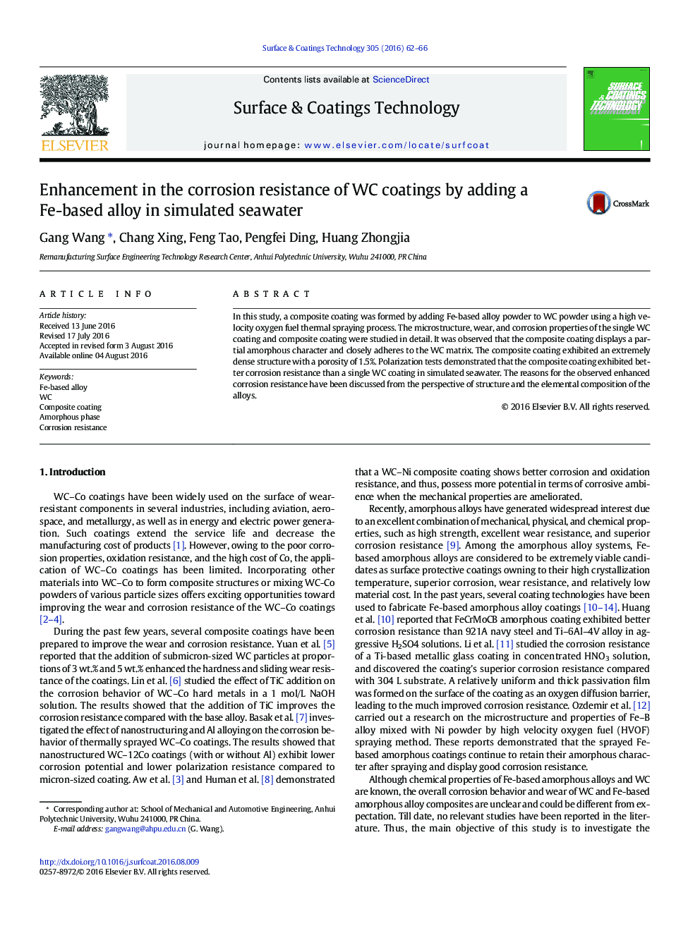 Enhancement in the corrosion resistance of WC coatings by adding a Fe-based alloy in simulated seawater