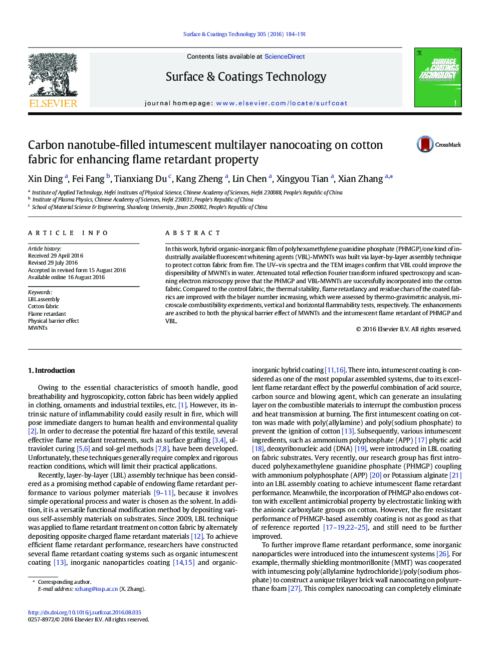 Carbon nanotube-filled intumescent multilayer nanocoating on cotton fabric for enhancing flame retardant property