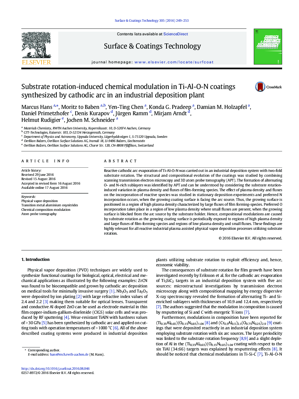 Substrate rotation-induced chemical modulation in Ti-Al-O-N coatings synthesized by cathodic arc in an industrial deposition plant