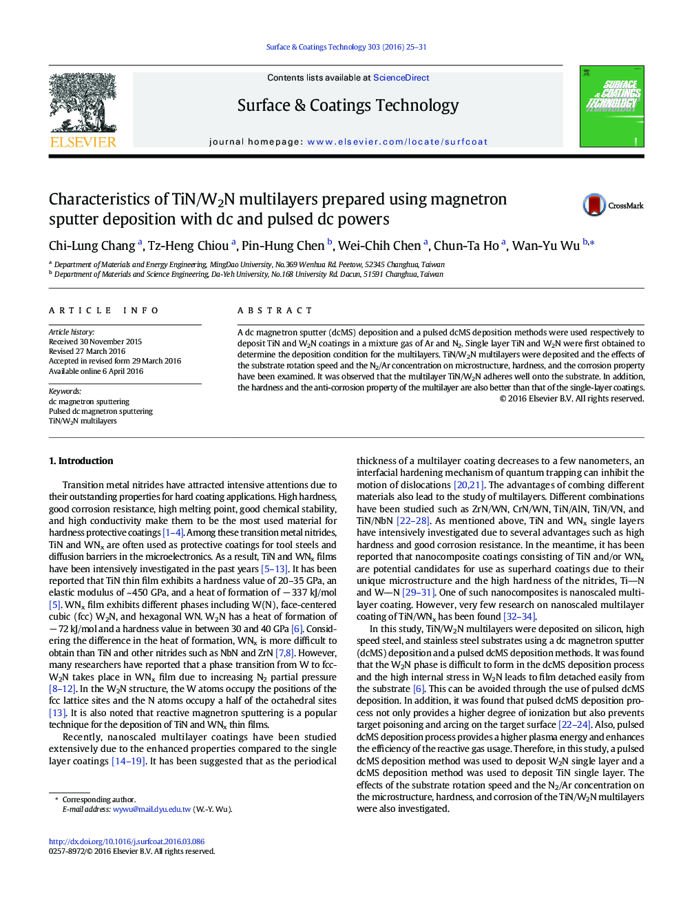 Characteristics of TiN/W2N multilayers prepared using magnetron sputter deposition with dc and pulsed dc powers