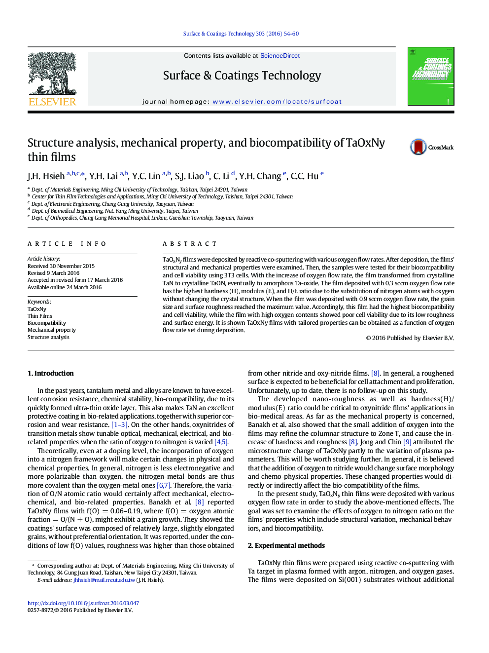 Structure analysis, mechanical property, and biocompatibility of TaOxNy thin films