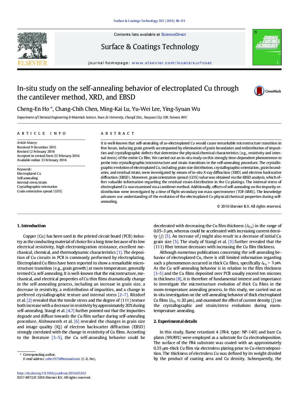 In-situ study on the self-annealing behavior of electroplated Cu through the cantilever method, XRD, and EBSD