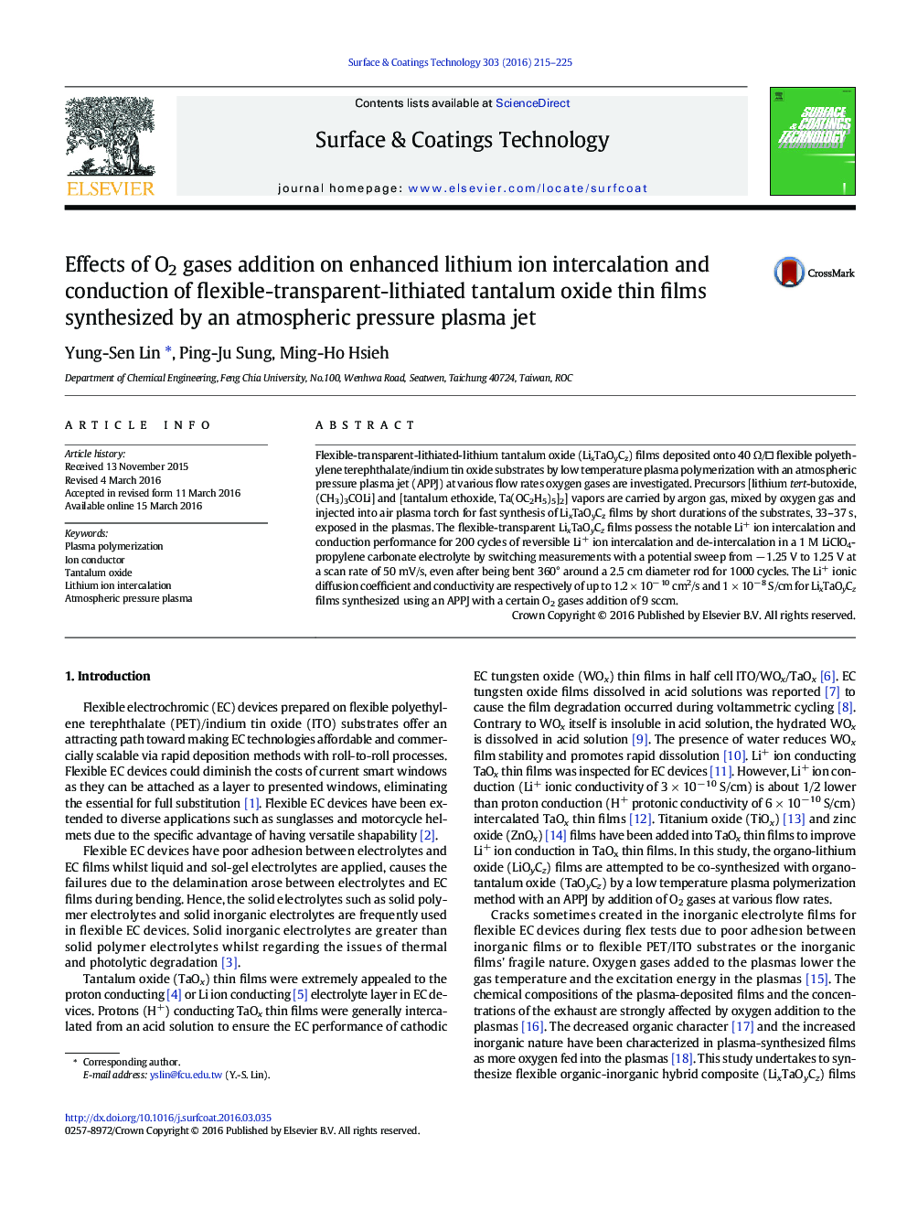 Effects of O2 gases addition on enhanced lithium ion intercalation and conduction of flexible-transparent-lithiated tantalum oxide thin films synthesized by an atmospheric pressure plasma jet