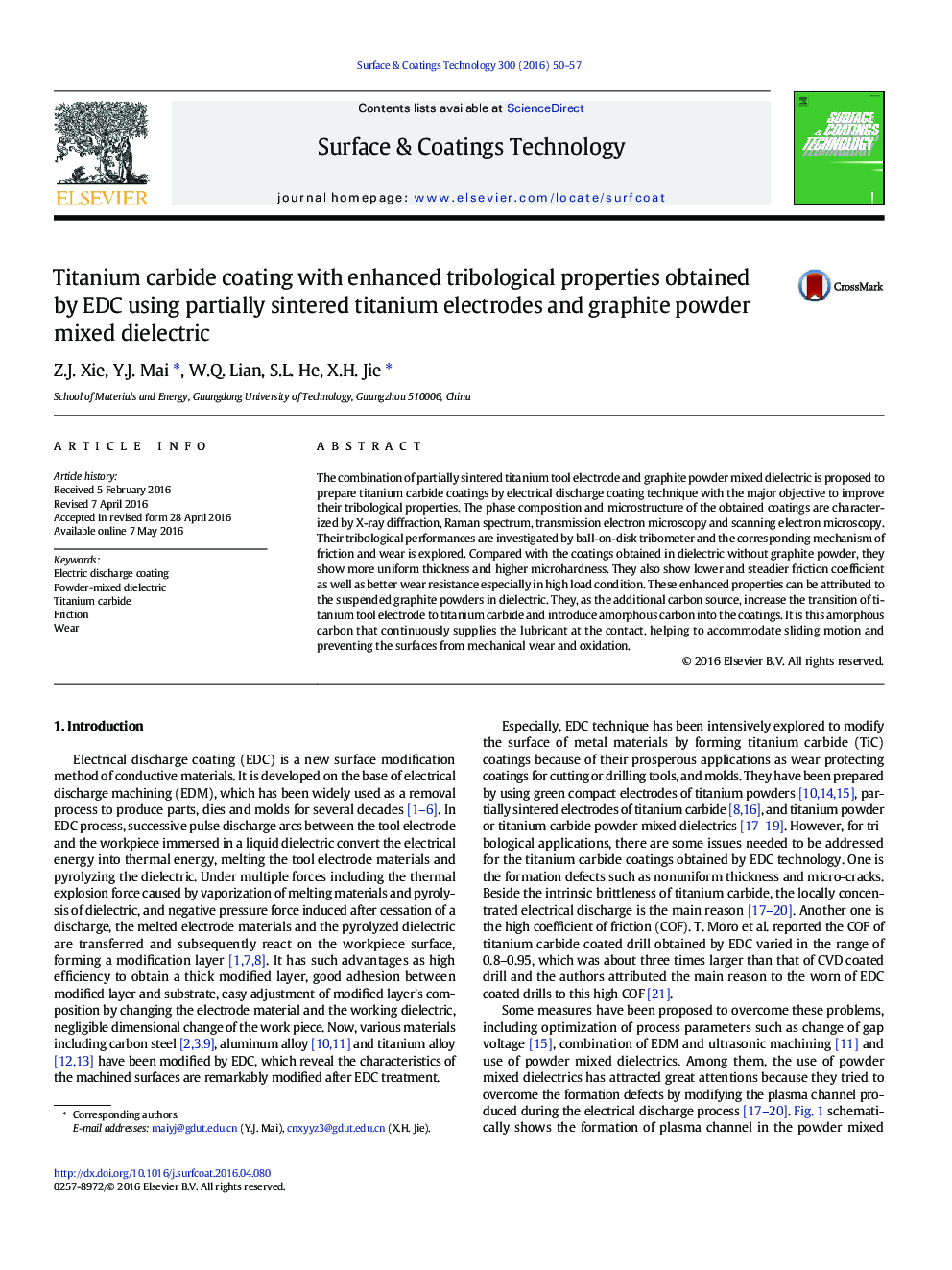 Titanium carbide coating with enhanced tribological properties obtained by EDC using partially sintered titanium electrodes and graphite powder mixed dielectric