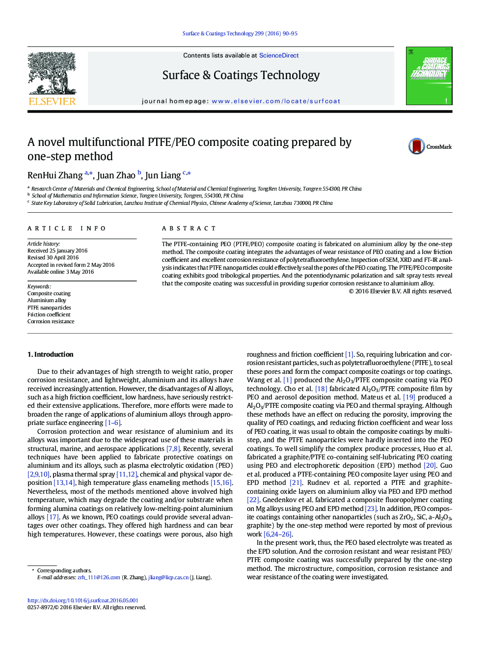 A novel multifunctional PTFE/PEO composite coating prepared by one-step method