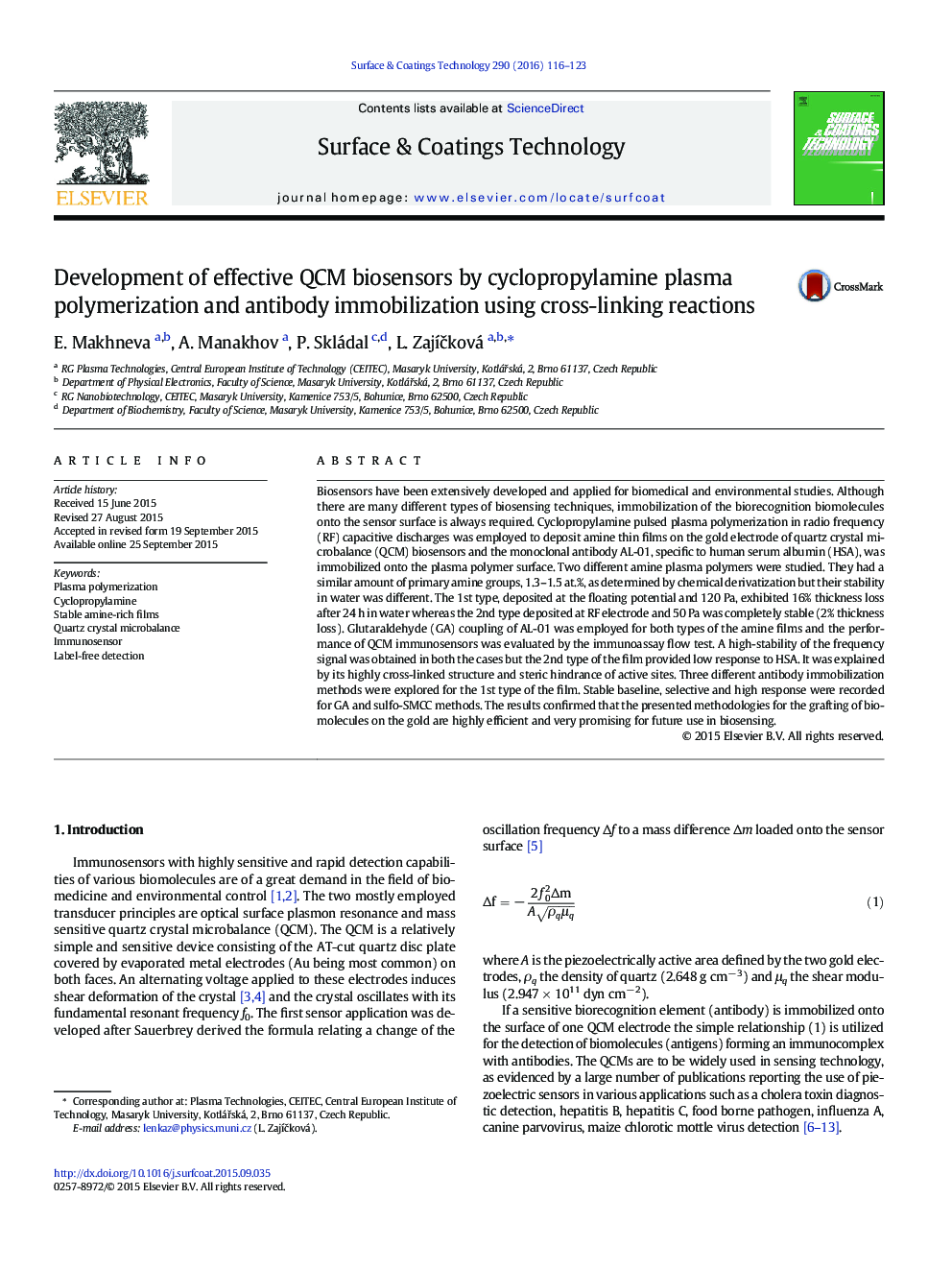 Development of effective QCM biosensors by cyclopropylamine plasma polymerization and antibody immobilization using cross-linking reactions