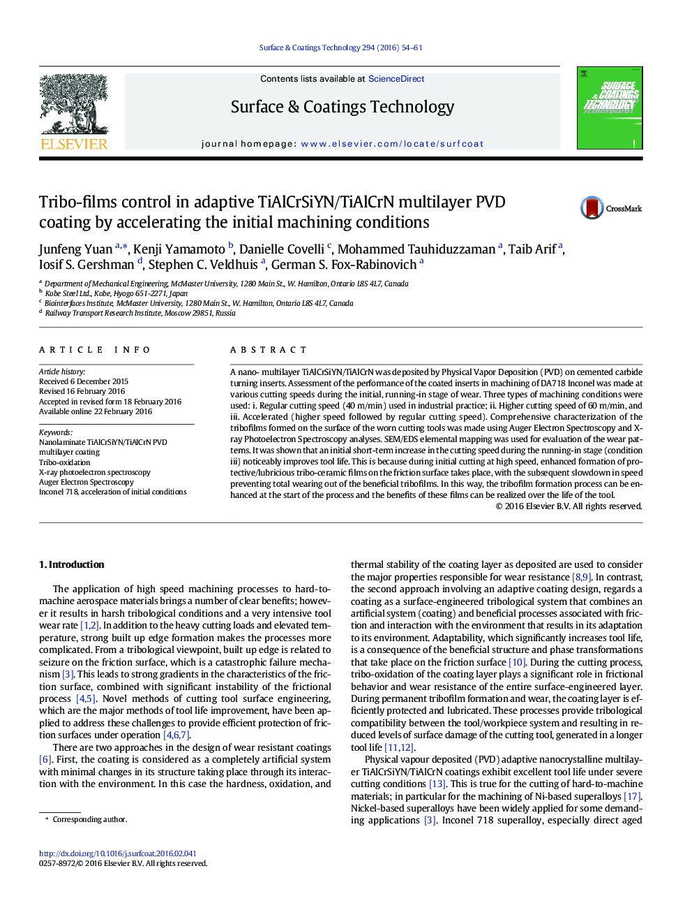 Tribo-films control in adaptive TiAlCrSiYN/TiAlCrN multilayer PVD coating by accelerating the initial machining conditions