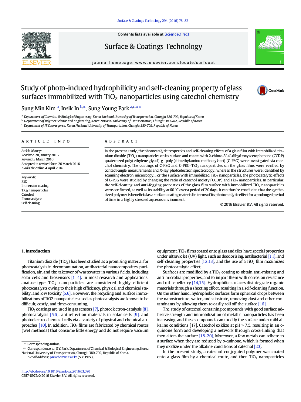 Study of photo-induced hydrophilicity and self-cleaning property of glass surfaces immobilized with TiO2 nanoparticles using catechol chemistry