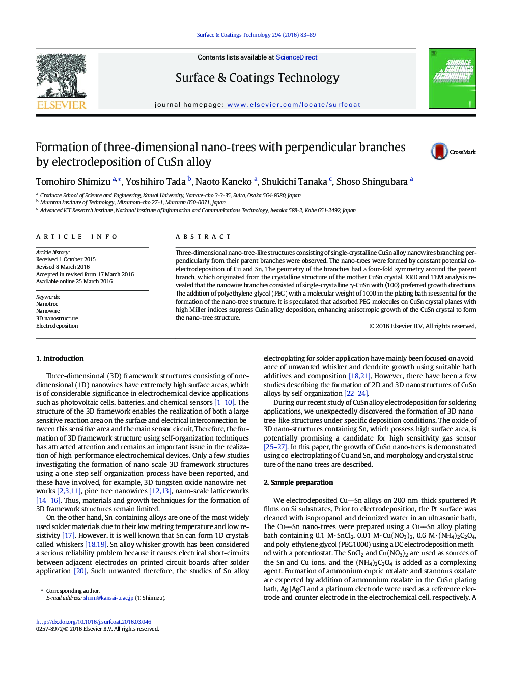 Formation of three-dimensional nano-trees with perpendicular branches by electrodeposition of CuSn alloy