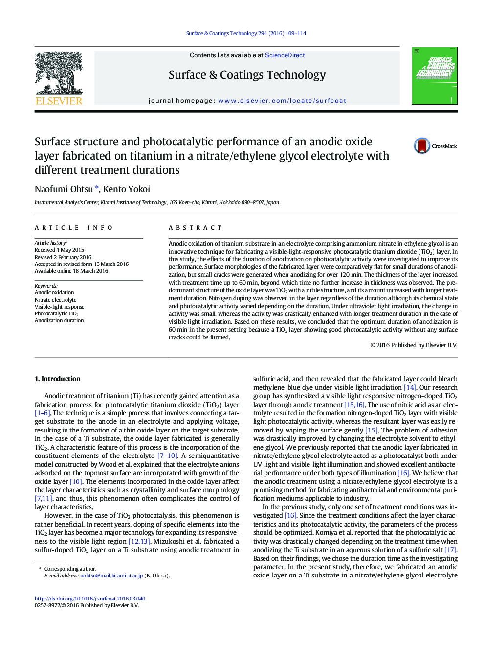 Surface structure and photocatalytic performance of an anodic oxide layer fabricated on titanium in a nitrate/ethylene glycol electrolyte with different treatment durations