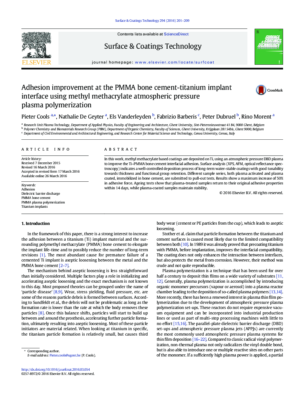 Adhesion improvement at the PMMA bone cement-titanium implant interface using methyl methacrylate atmospheric pressure plasma polymerization