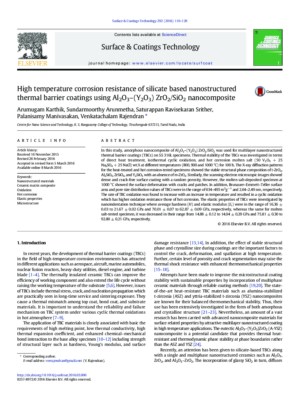 High temperature corrosion resistance of silicate based nanostructured thermal barrier coatings using Al2O3–(Y2O3) ZrO2/SiO2 nanocomposite