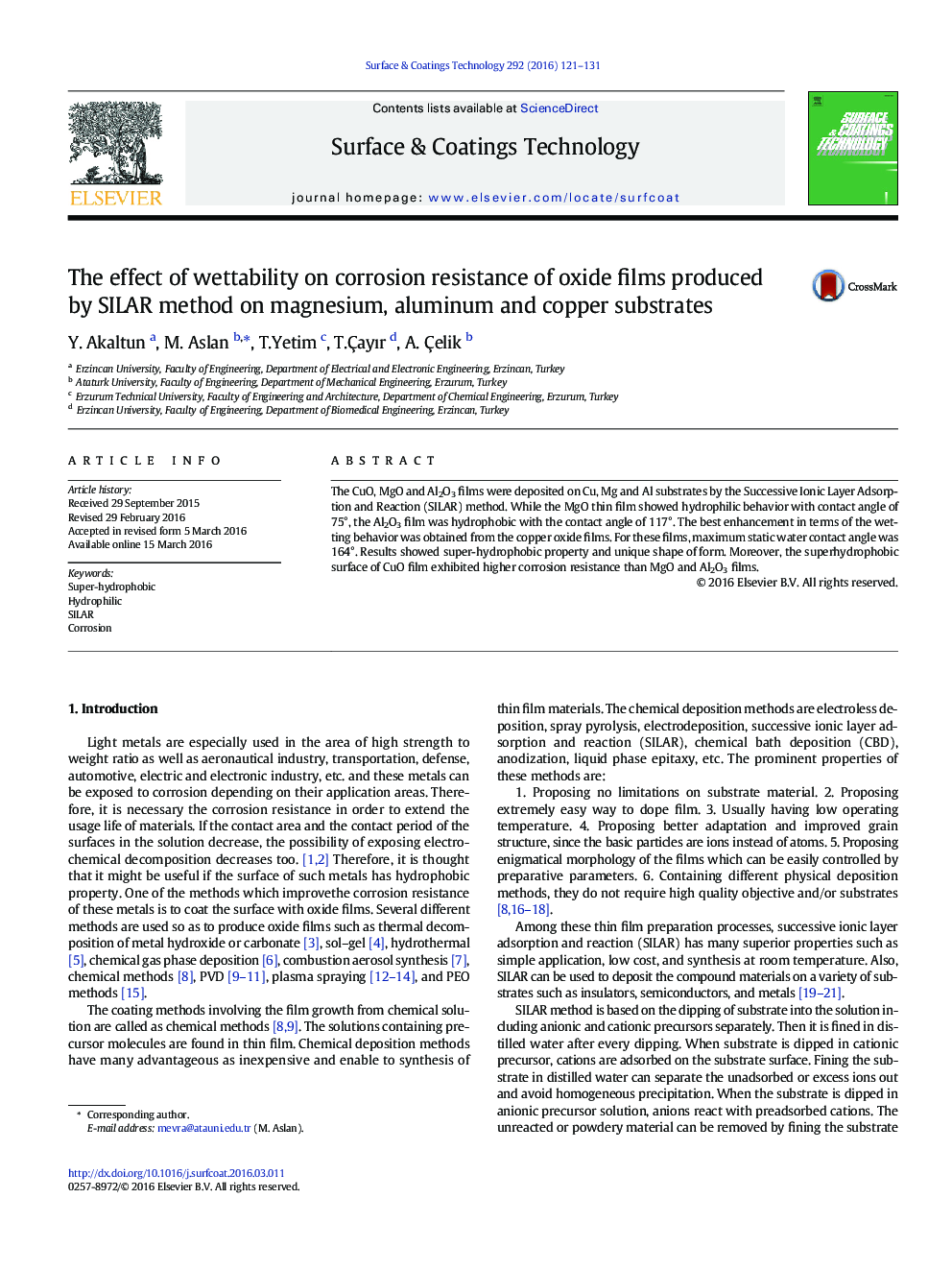 The effect of wettability on corrosion resistance of oxide films produced by SILAR method on magnesium, aluminum and copper substrates