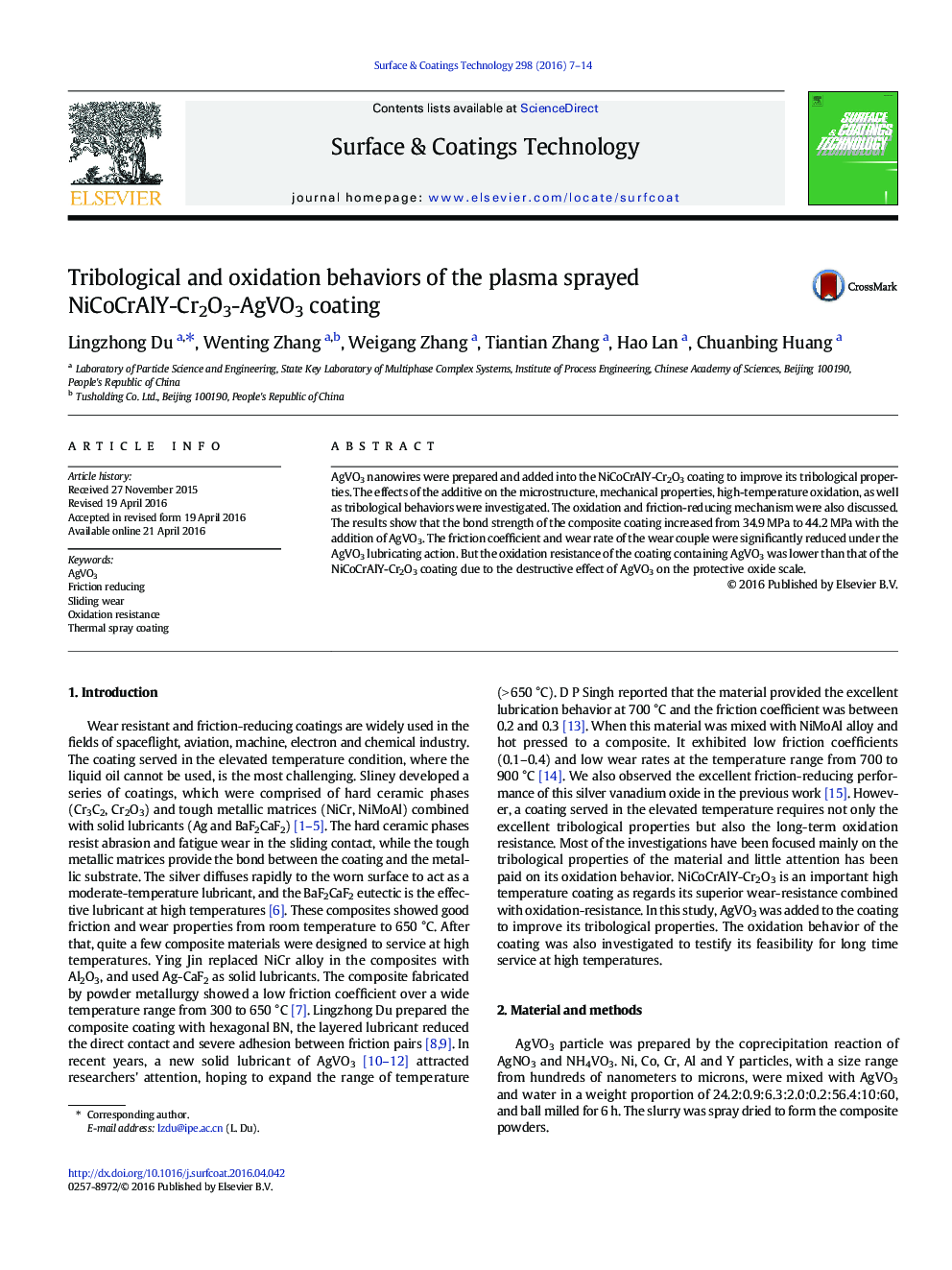 Tribological and oxidation behaviors of the plasma sprayed NiCoCrAlY-Cr2O3-AgVO3 coating