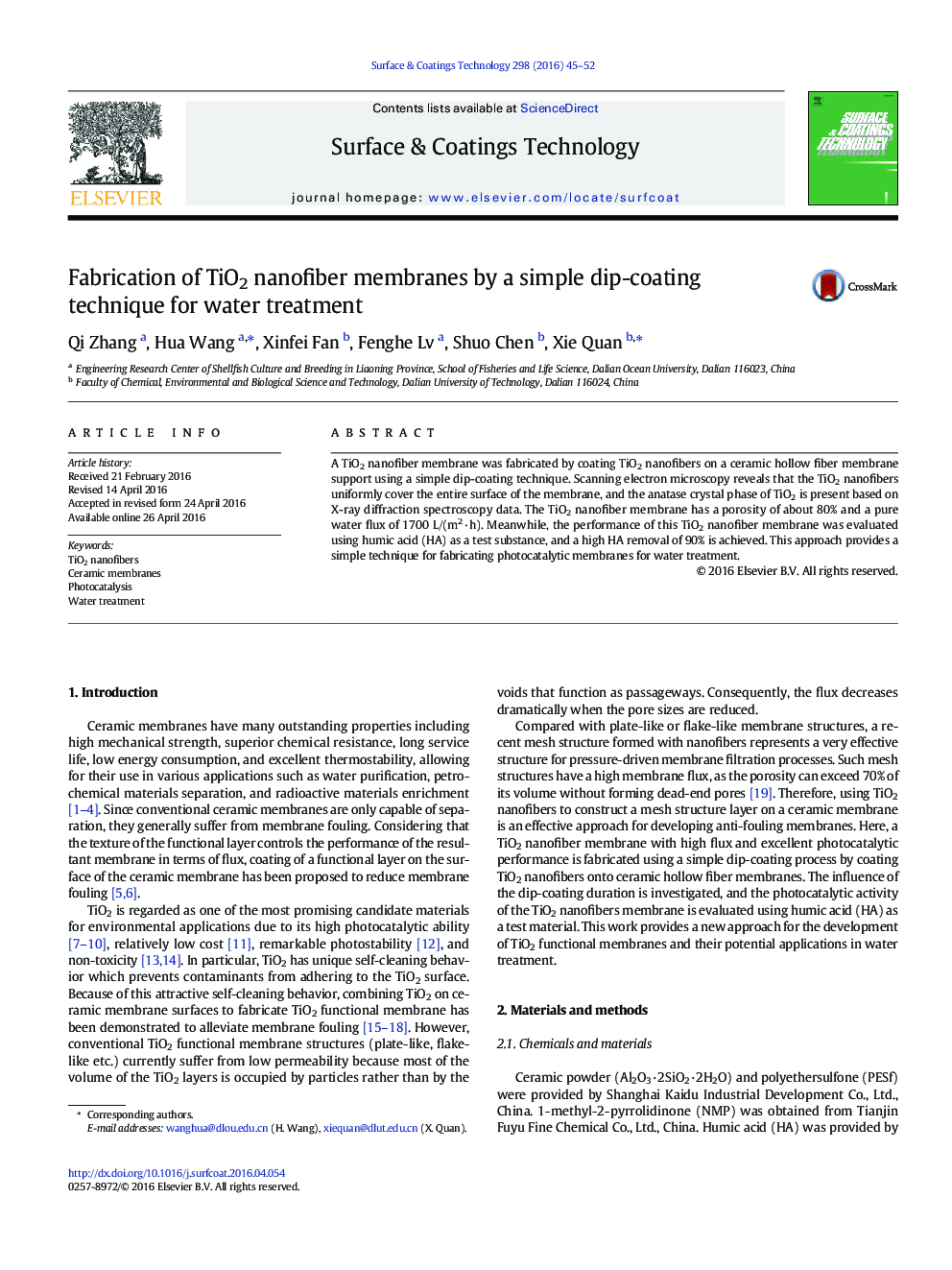 Fabrication of TiO2 nanofiber membranes by a simple dip-coating technique for water treatment