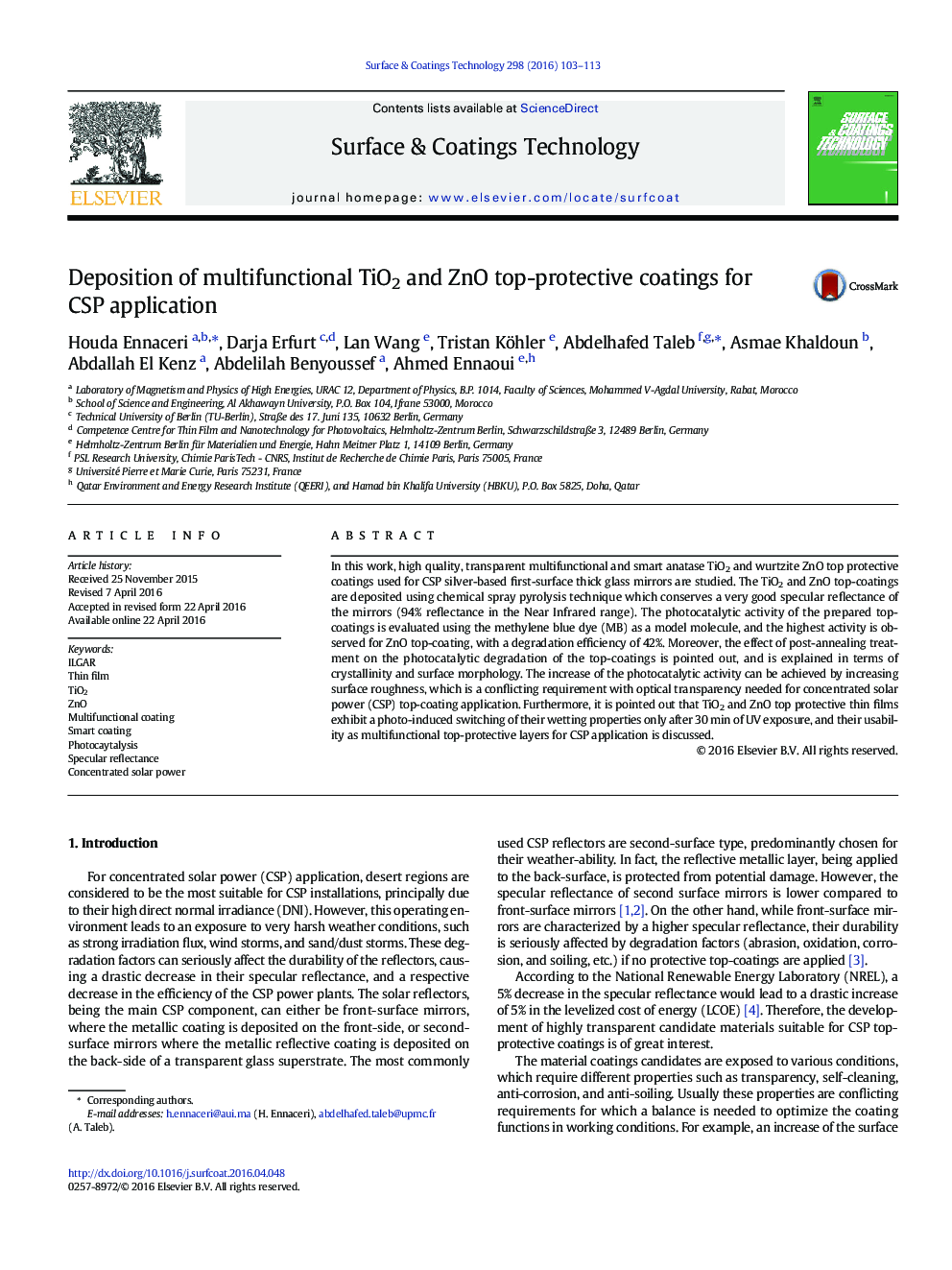 Deposition of multifunctional TiO2 and ZnO top-protective coatings for CSP application