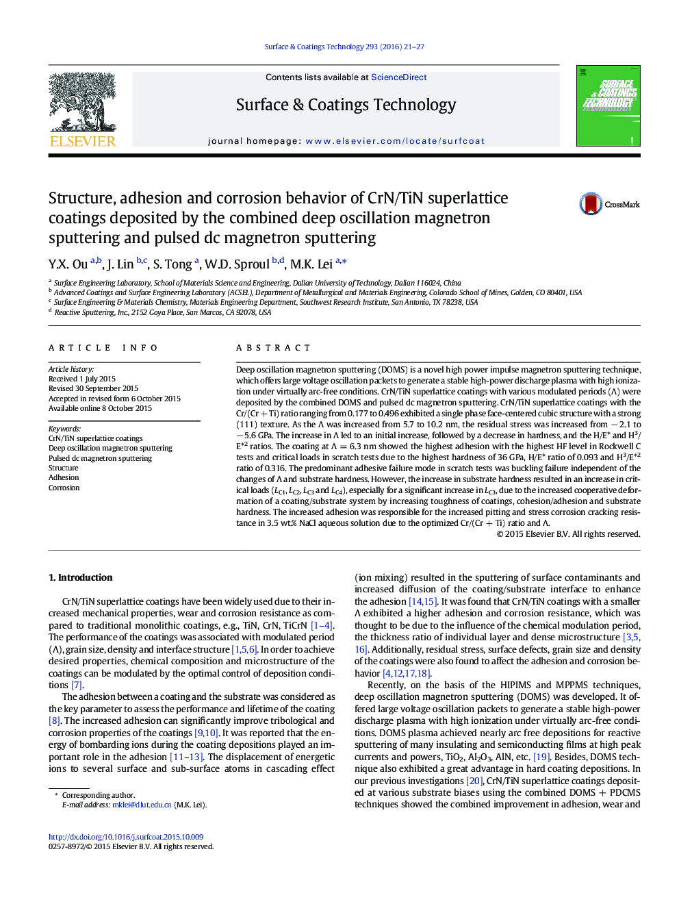 Structure, adhesion and corrosion behavior of CrN/TiN superlattice coatings deposited by the combined deep oscillation magnetron sputtering and pulsed dc magnetron sputtering