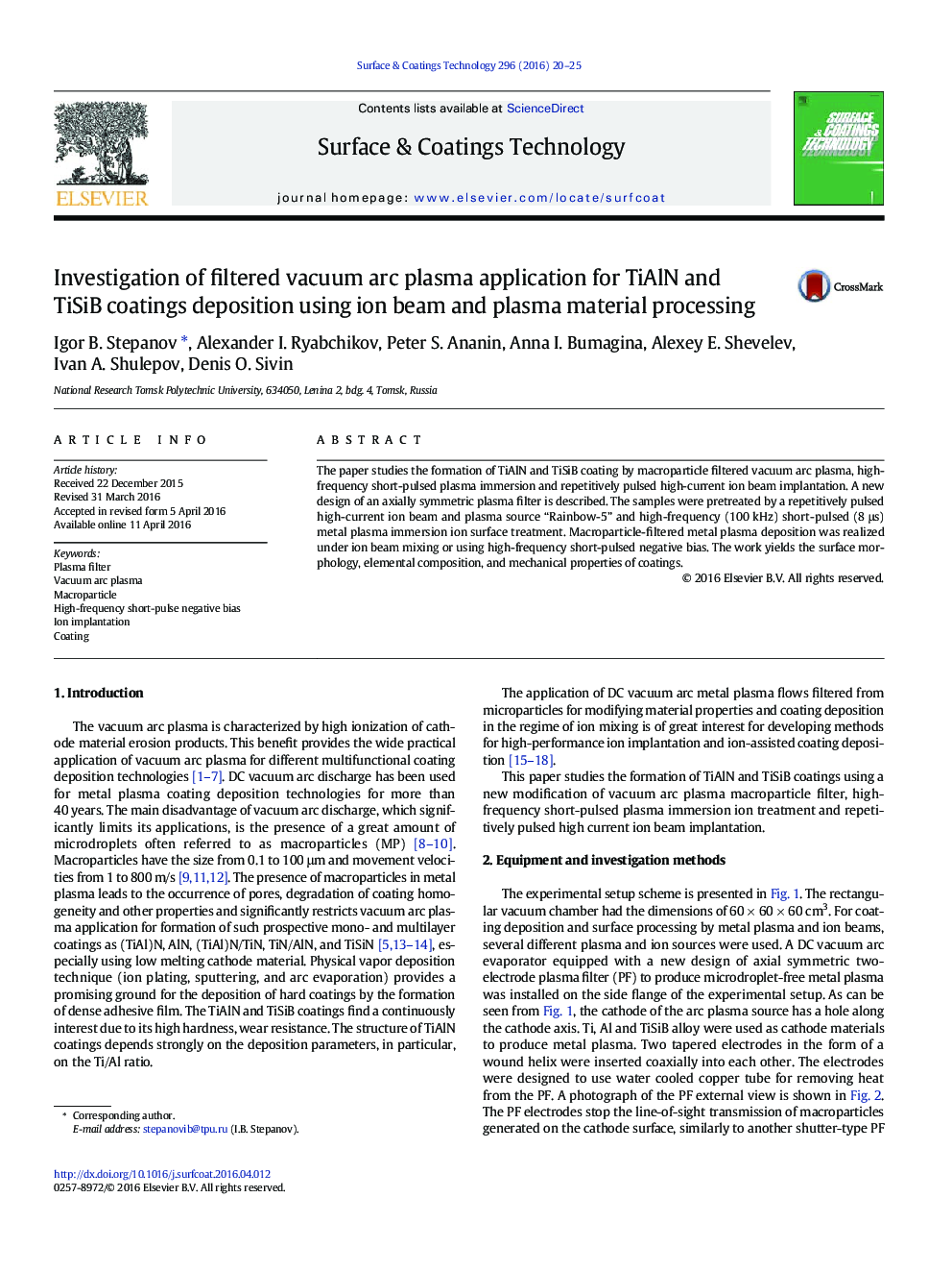 Investigation of filtered vacuum arc plasma application for TiAlN and TiSiB coatings deposition using ion beam and plasma material processing