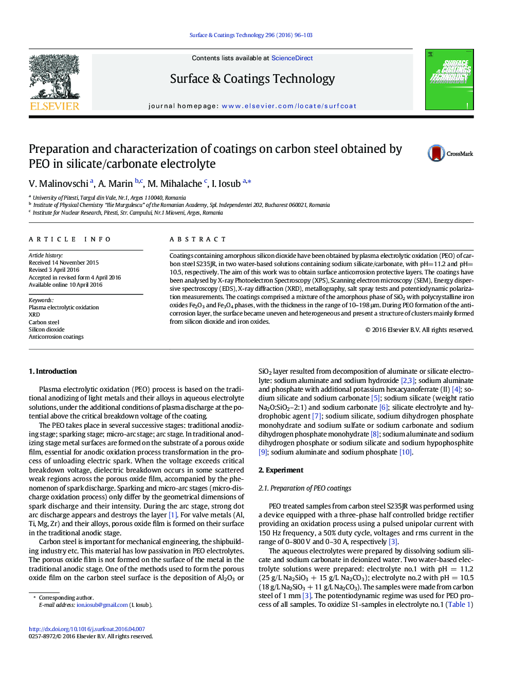 Preparation and characterization of coatings on carbon steel obtained by PEO in silicate/carbonate electrolyte