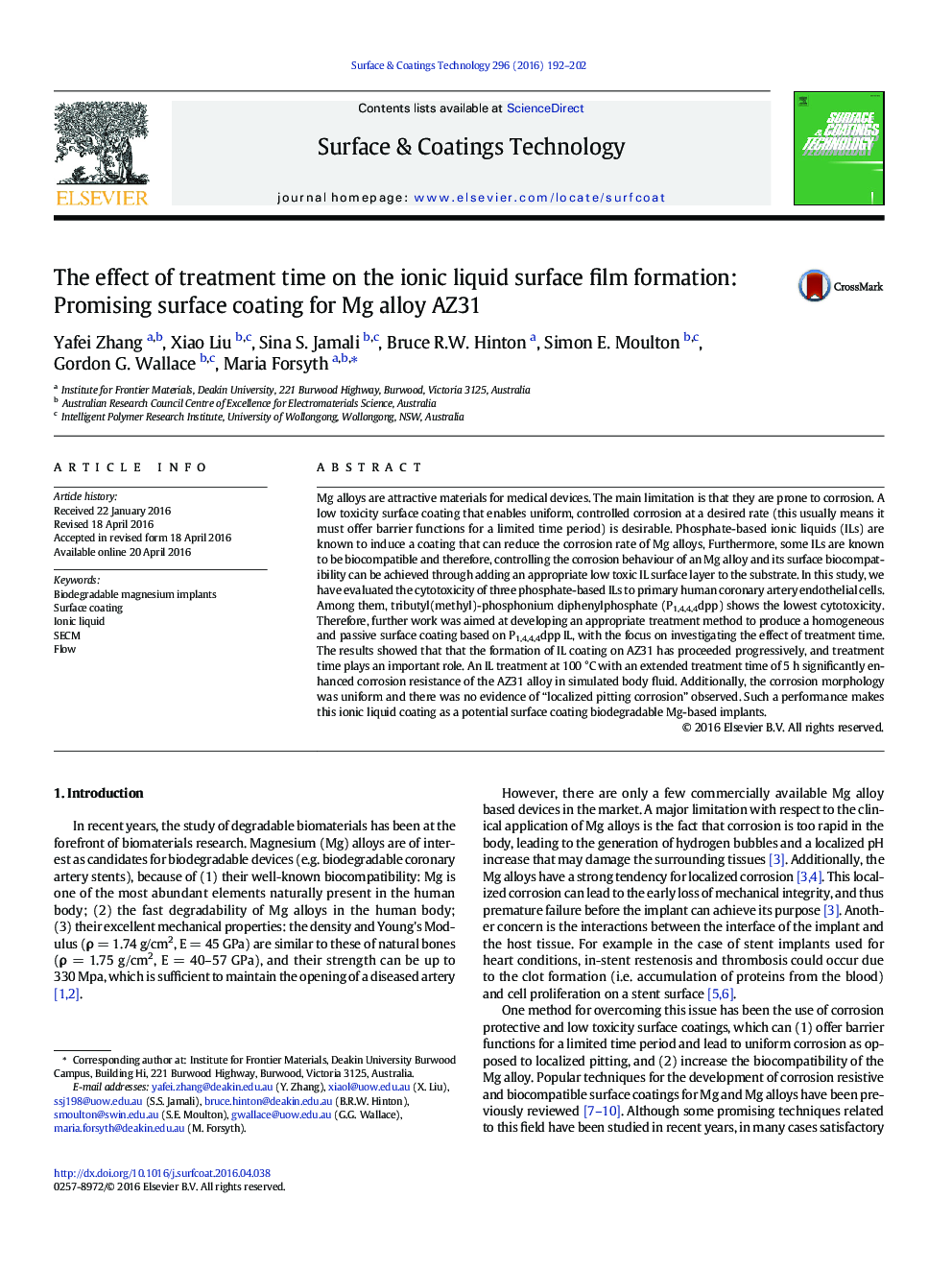 The effect of treatment time on the ionic liquid surface film formation: Promising surface coating for Mg alloy AZ31