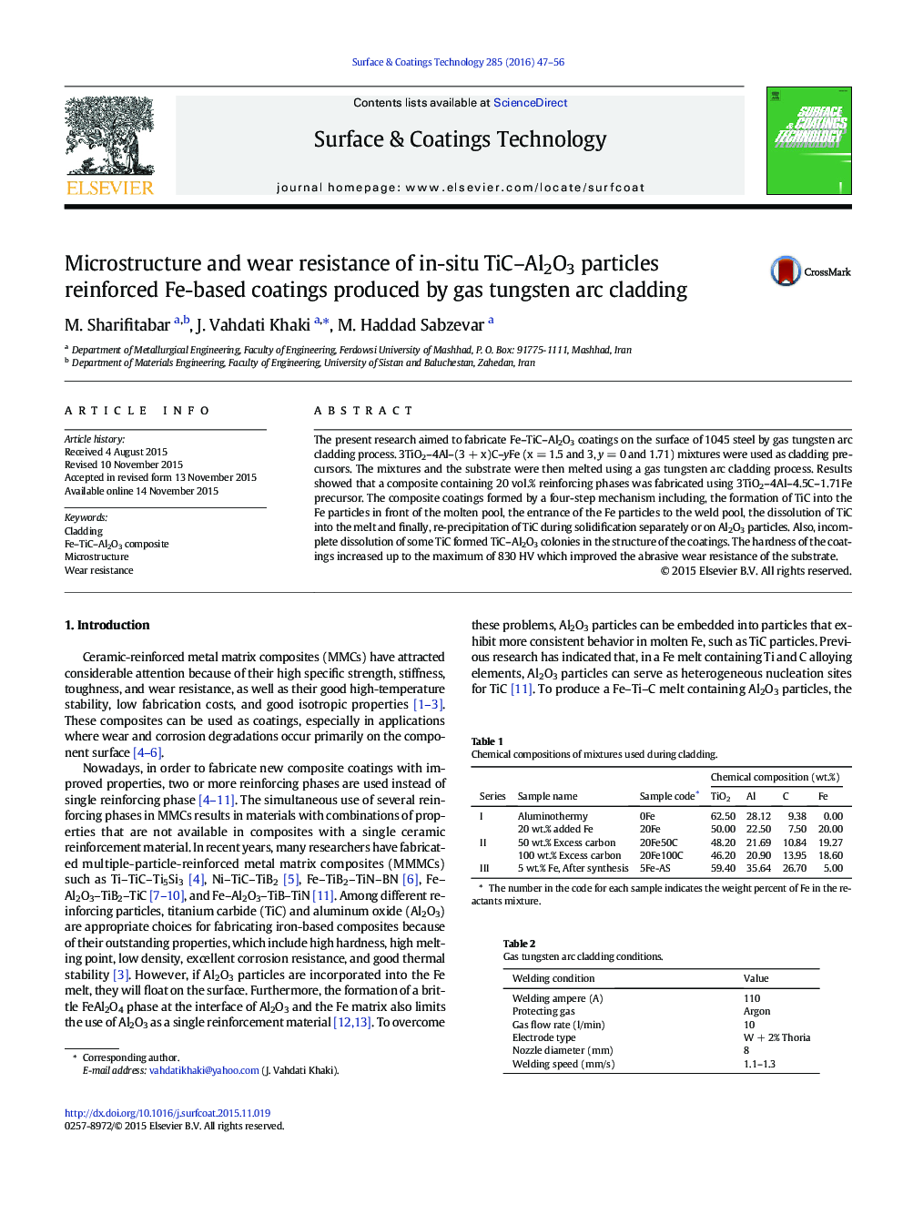 Microstructure and wear resistance of in-situ TiC–Al2O3 particles reinforced Fe-based coatings produced by gas tungsten arc cladding