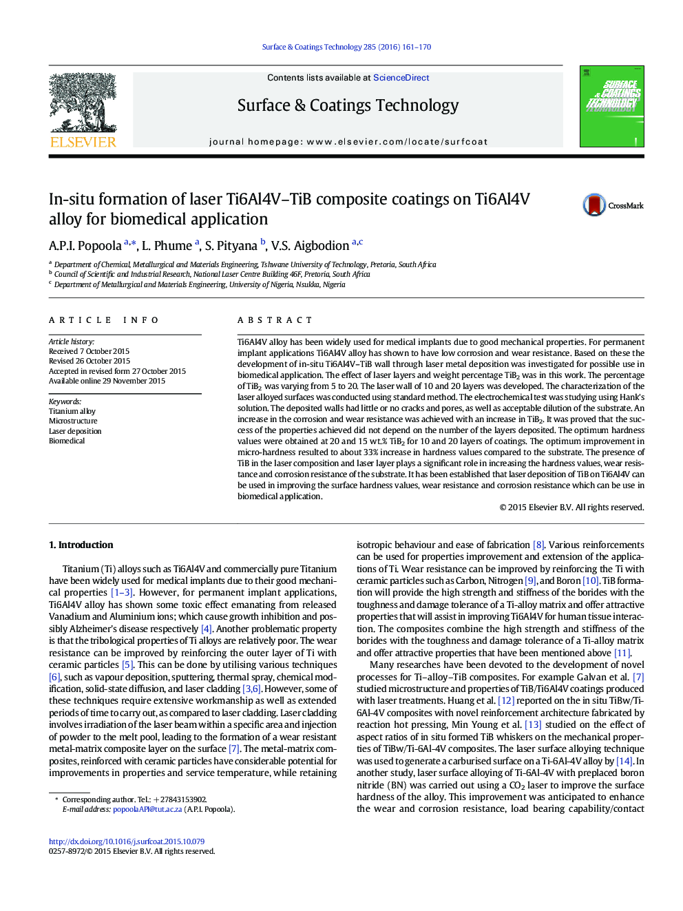 In-situ formation of laser Ti6Al4V-TiB composite coatings on Ti6Al4V alloy for biomedical application