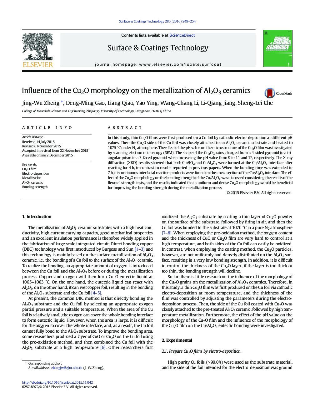 Influence of the Cu2O morphology on the metallization of Al2O3 ceramics