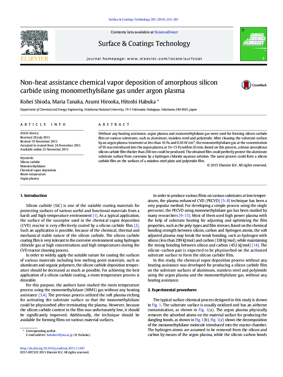 Non-heat assistance chemical vapor deposition of amorphous silicon carbide using monomethylsilane gas under argon plasma