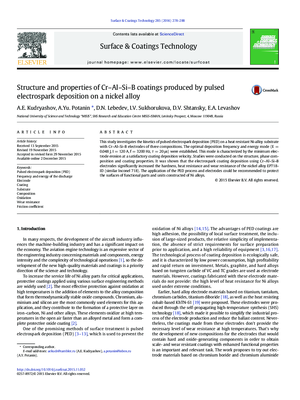 Structure and properties of Cr–Al–Si–B coatings produced by pulsed electrospark deposition on a nickel alloy