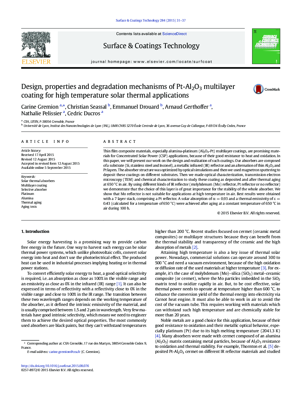 Design, properties and degradation mechanisms of Pt-Al2O3 multilayer coating for high temperature solar thermal applications