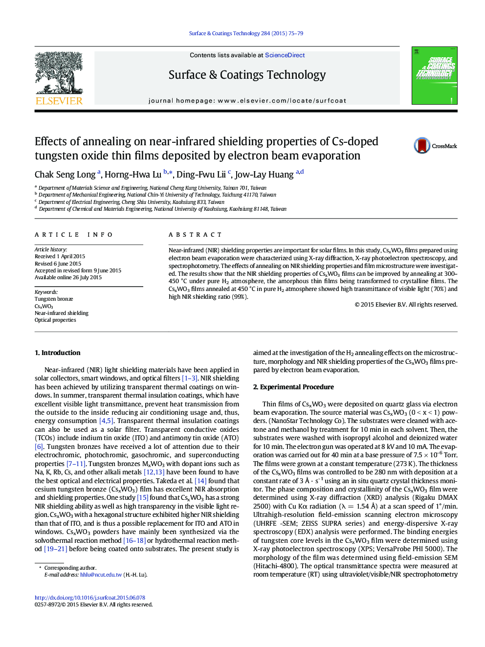 Effects of annealing on near-infrared shielding properties of Cs-doped tungsten oxide thin films deposited by electron beam evaporation