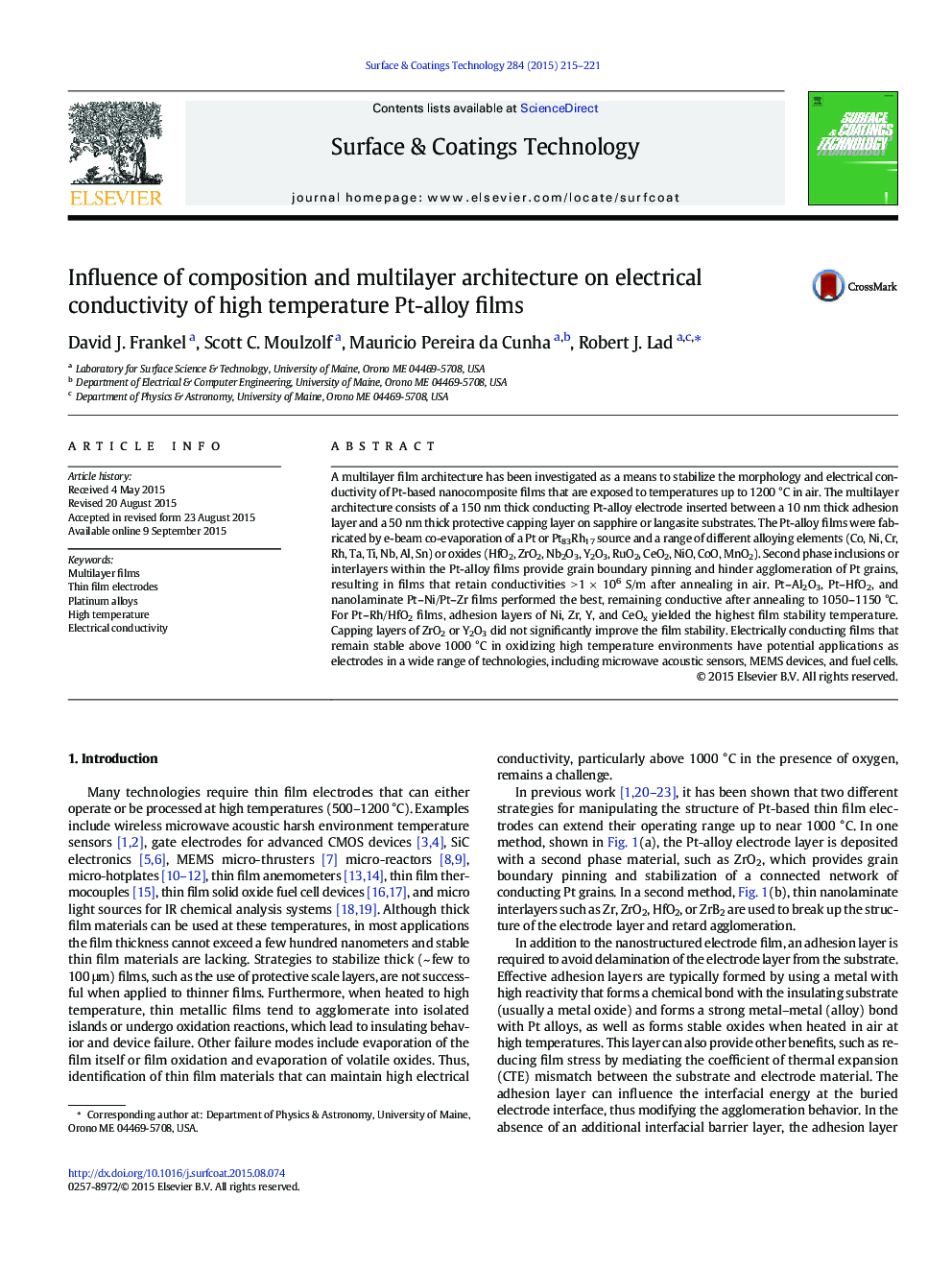 Influence of composition and multilayer architecture on electrical conductivity of high temperature Pt-alloy films